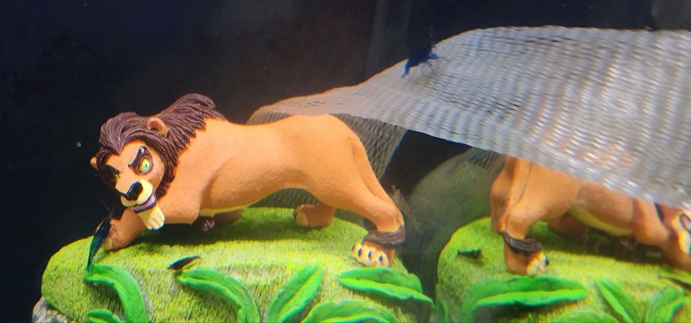 Neocardina shrimp checking out a Scar from the Lion King aquarium decoration 