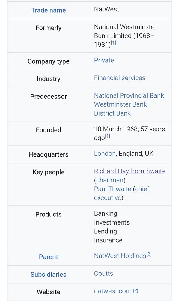 NatWest Group info from their Wikipedia page, listing two key people, including Richard Haythornthwaite.