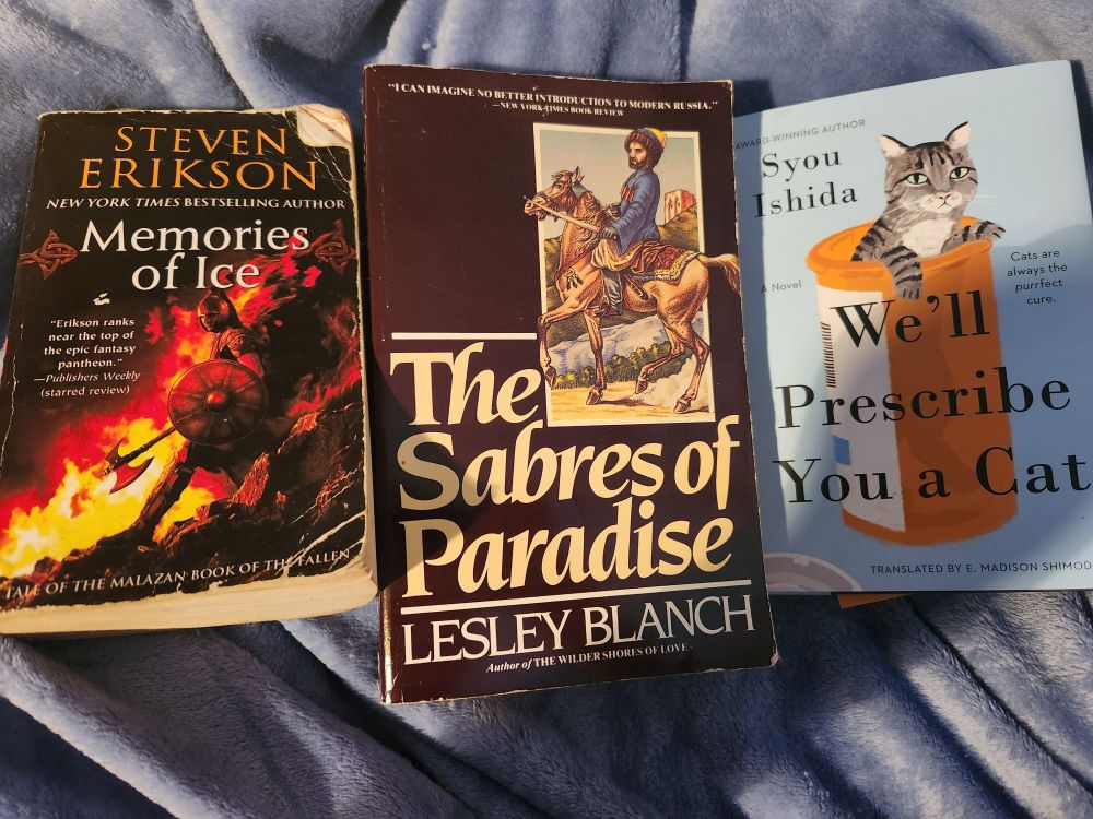 The covers of the three books in this post's first picture are shown on a blue background. The cover of Memories of Ice has a warrior holding an axe against a background of red flames. The Sabres of Paradise shows a vintage illustration of a horseman in a blue uniform. We'll Prescribe You a Cat shows a gray striped cat in an oversized orange pill container against a light blue background.