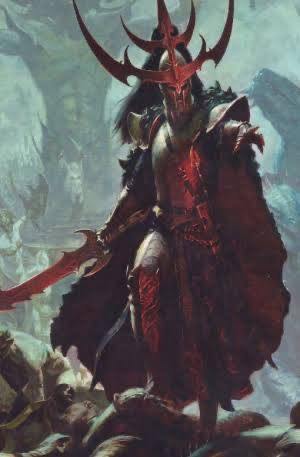 A dark elf lord with hugely spiky helm 