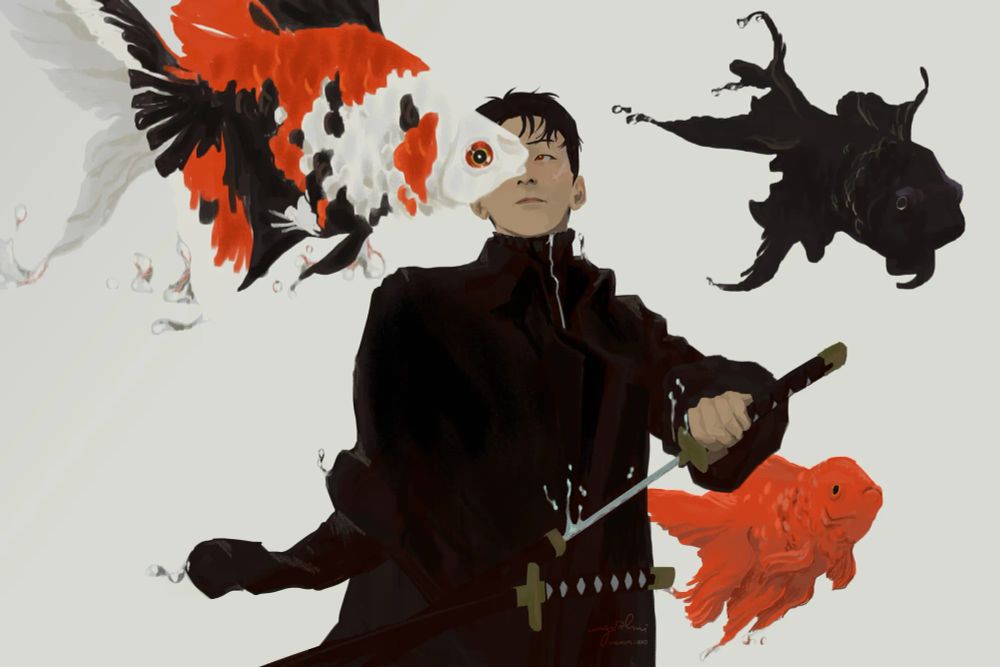 An illustration of Chihiro from Kagurabachi as he's depicted in earlier chapters missing his right arm, drawing his sword while flanked by three goldfish: Nishiki, Kuro, and Aka.