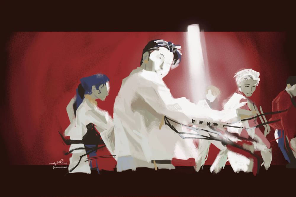 A rough sketch of a group shot with Doyoung in the center, another spotlight briefly moving over them.