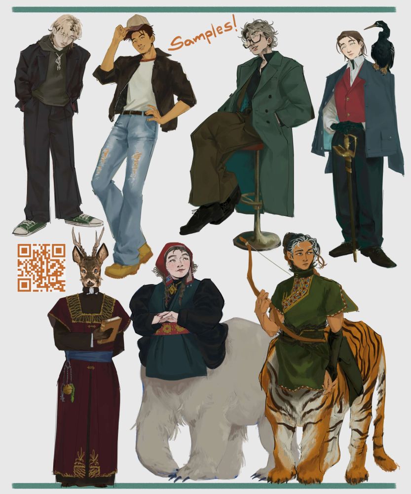 Sample artworks of various characters in contemporary and fantasy settings, as well as non-human characters.