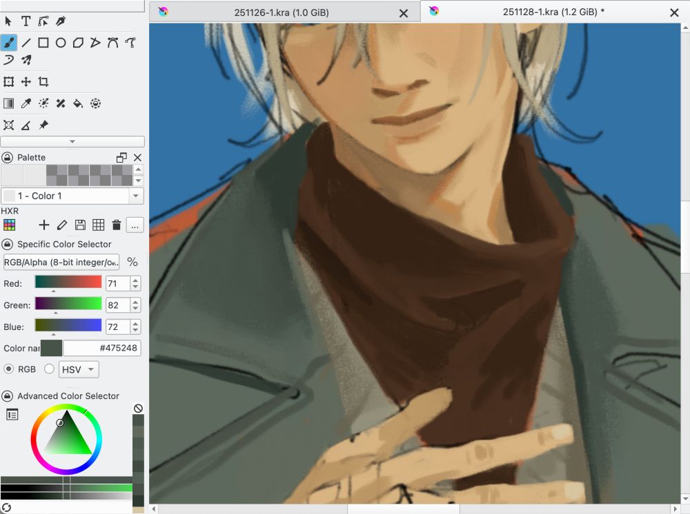 A cropped unfinished illustration of a blond man in a sweater and coat.