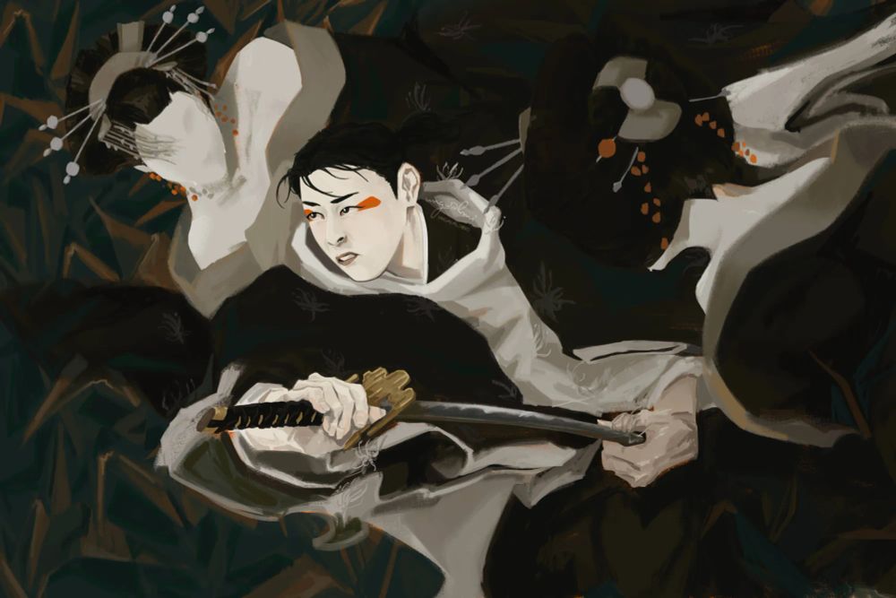 An illustration of Uruha from Kagurabachi, unsheathing a sword with a cloud-patterned guard in the iai style. He is flanked by two faceless geisha and surrounded by paper cranes.