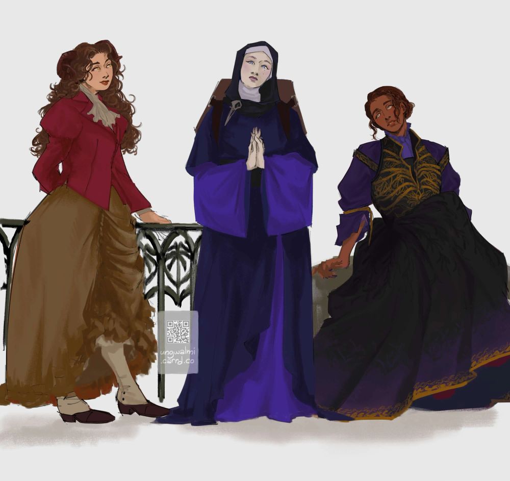 A lineup of three full body, full colored character illustrations.