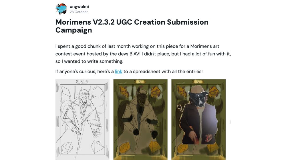 Screenshot of a Kofi blog post titled "Morimens UGC Creation Submission Campaign".