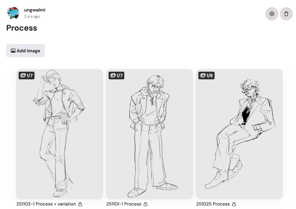 A Kofi screenshot of a Process folder with three recently uploaded sketch galleries.