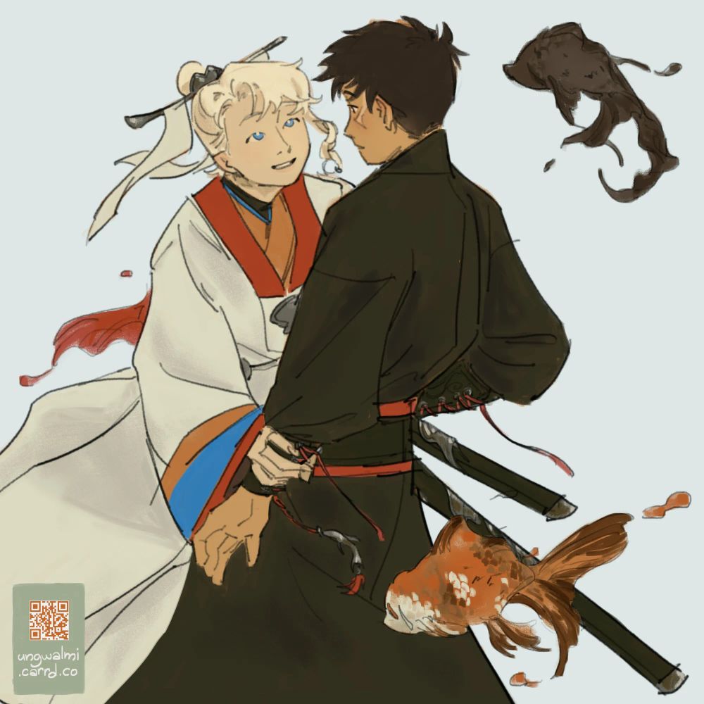 A sketch of Hakuri and Chihiro from Kagurabachi based on a scene from Alchemy of Souls: runaway bride Hakuri offering himself to get "kidnapped" by the mage Chihiro, with the goldfish trio idly circling them.