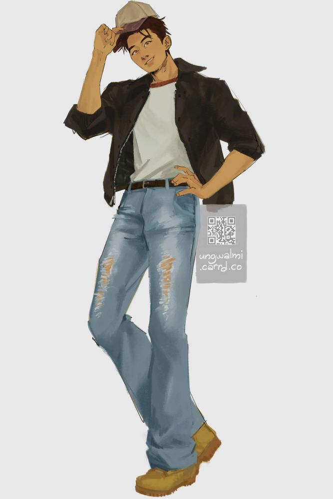 An illustration of an OC (Som) holding a baseball cap in a white t-shirt, distressed jeans, and a bomber jacket.