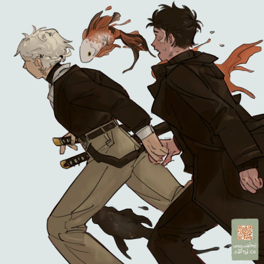A sketch of Hakuri and Chihiro from Kagurabachi, with Hakuri running ahead dragging Chihiro along behind him and the goldfish trio swimming alongside them.