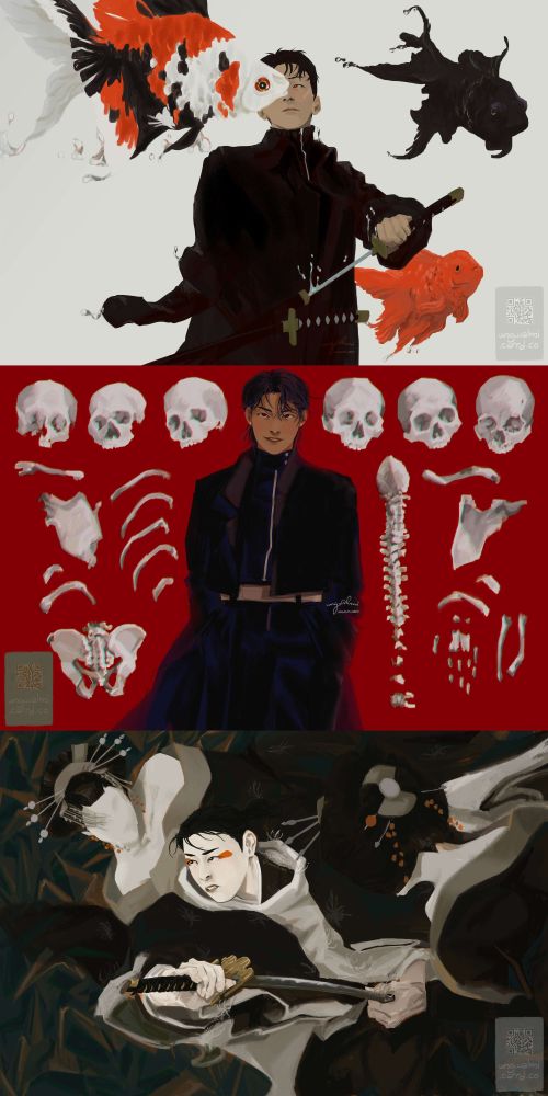 Three illustrations of characters from Kagurabachi: Chihiro as he's depicted in earlier chapters missing his right arm, drawing his sword while flanked by three goldfish: Nishiki, Kuro, and Aka. Hiyuki standing with her hands in her pockets and her coat swaying in the wind surrounded by scattered human skulls and bones. And Uruha unsheathing a sword with a cloud-patterned guard in the iai style. He is flanked by two faceless geisha and surrounded by paper cranes.