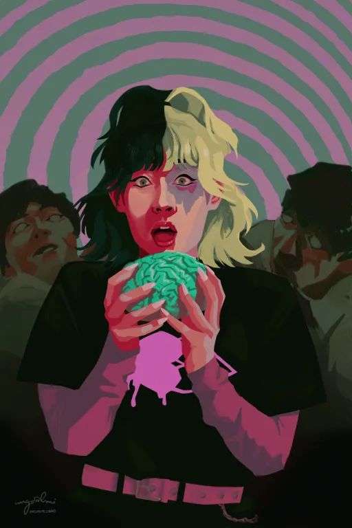 An illustration of Dosie as she appears in Purple Kiss' music video for Zombie, wearing brightly-colored zombie makeup and holding a brain.