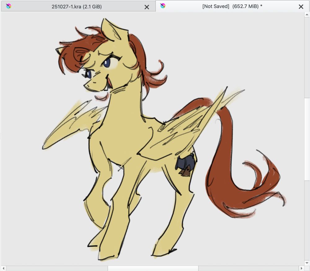 A sketch of a pony in the 2010 My Little Pony FIM style. She's a cream pegasus with frizzy red-orange hair and a cannon cutie mark.