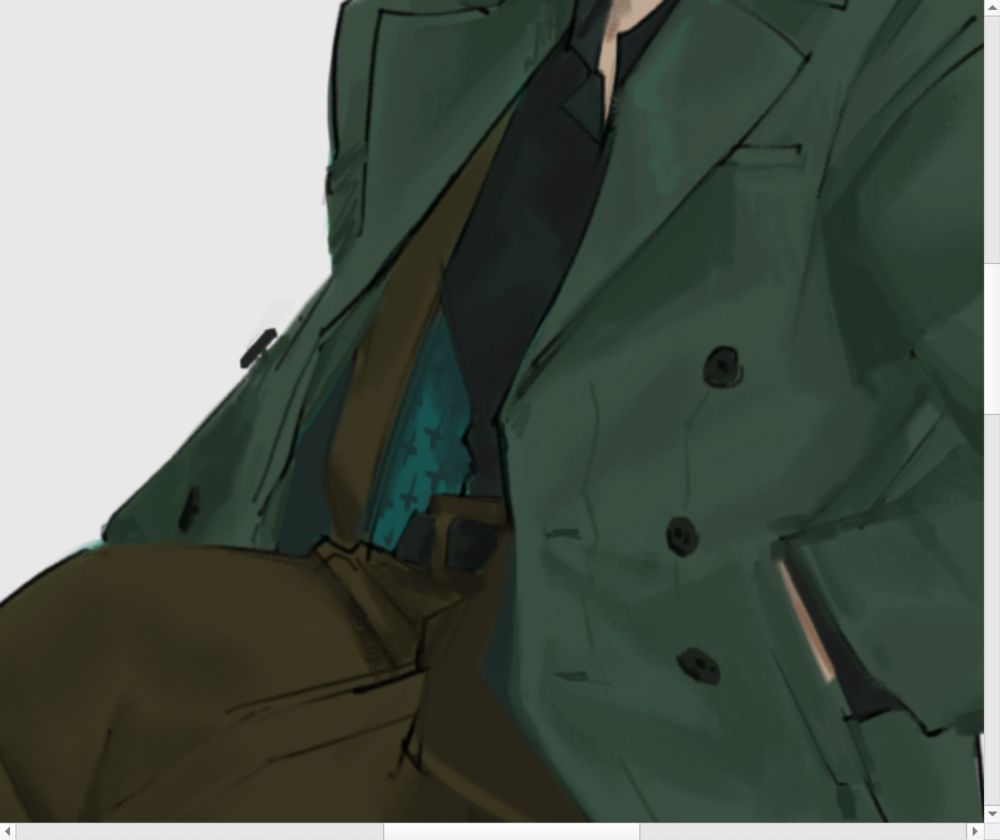 A closeup of Xulei's overcoat and pants.