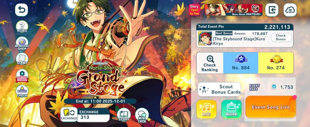 The Ensemble Stars World-Shaking Grand Stage event screen at 2.2M event points, point rank 884, and score rank 274.