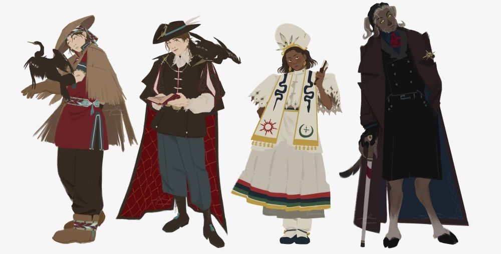A lineup of four OCs: first two are a human and bird pair in two different outfits, third is a woman in fantasy religious attire, fourth is a goat man with a cane.