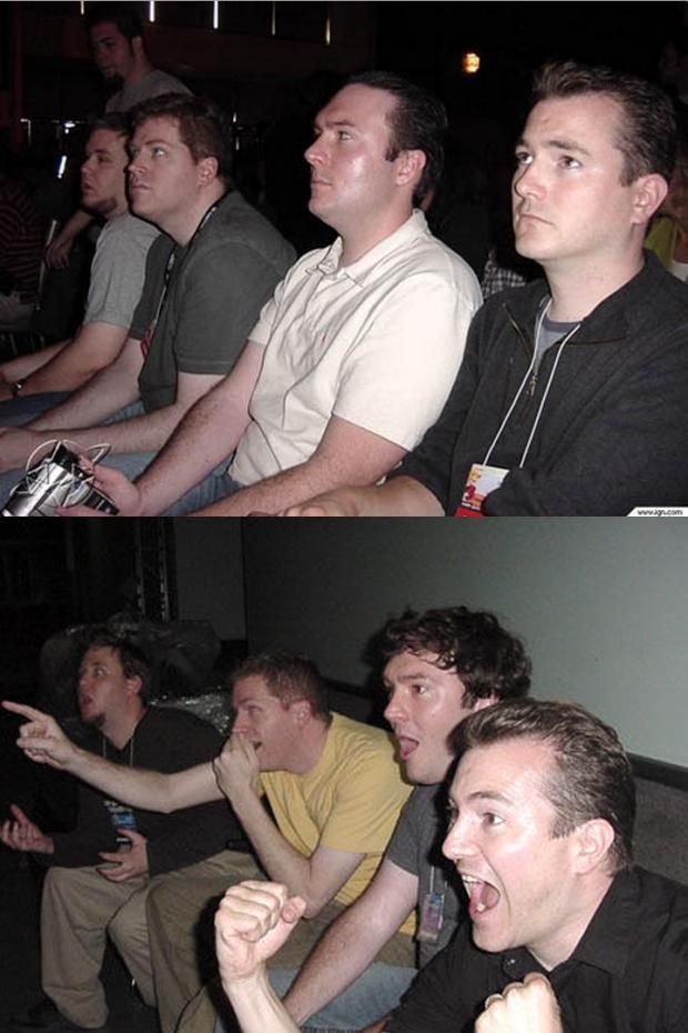 the classic couch guys meme. the picture is divided into two images horizontally across the middle. The top image is of four white males sitting on a couch facing forward to the left of frame. Their expressions are one of boredom. The bottom image is of the same four white males facing forward to the left of frame but now their expression is one of excitement. Cheering on something or someone off screen.
