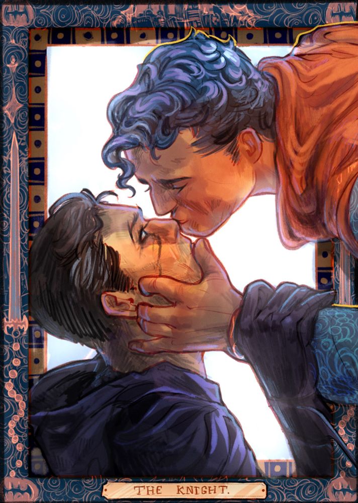 Drawing of Batman within a frame. Superman leans in from the top right corner and kisses him on the nose. His hand is braced on Bruce's face and Bruce's arm is clutching his. Bruce is in the batsuit with his cowl pulled back. The primary border that Bruce is in has designs of a sword, pearls, star, city, and the batsymbol. It has a label calling it "The Knight". Bruce is stuck within this frame but Clark is unbound. There is a smaller simpler frame behind Bruce. The background is white and glowing