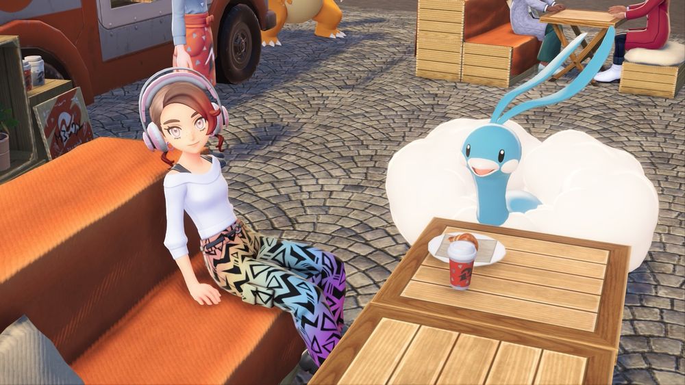 aria's pokemon legends za character having a coffee with their altaria 