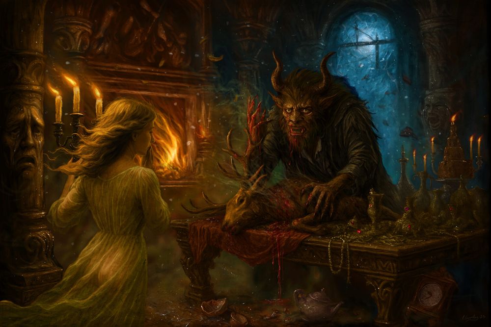 A dark gothic illustration depicting Beauty and the Beast. A girl with blond hair and wearing a white dress is holding a candlestick. The beast stands behind a table holding a dead deer. There is an open fire and the moon shines through a window in the background.
