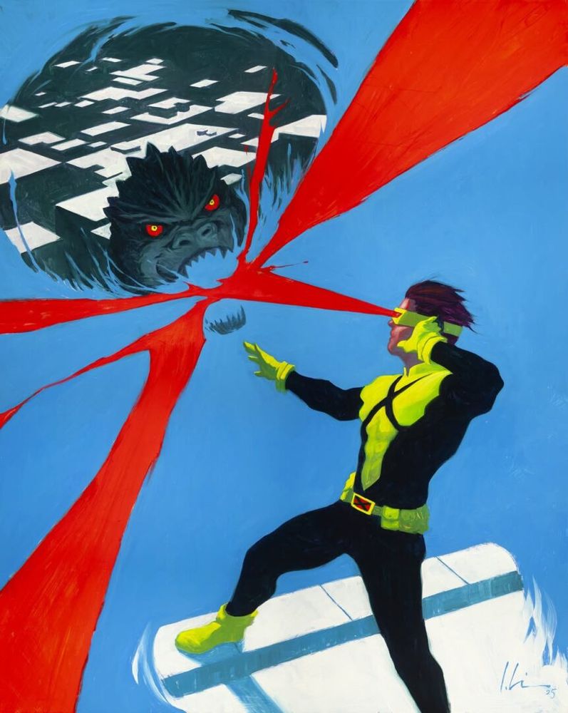 A superhero in a yellow and black suit shoots red beams from his eyes at a gigantic, red-eyed monster to hold back the all-encompassing blue flames emanating from the monster's large mouth.