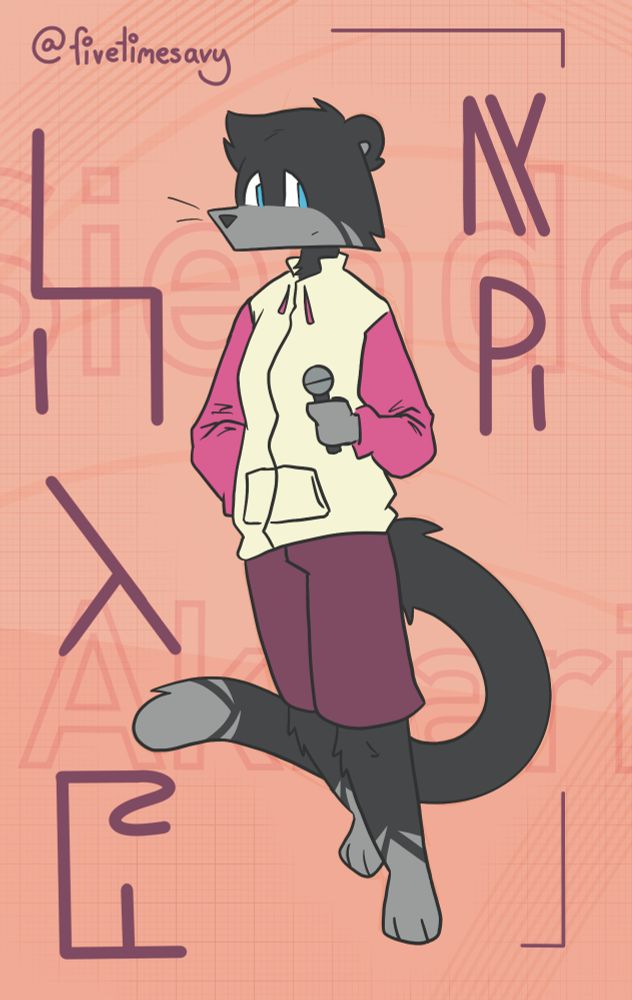 An anthropomorphic animal with dark fur and a bright sports jacket. They are holding a microphone. 
