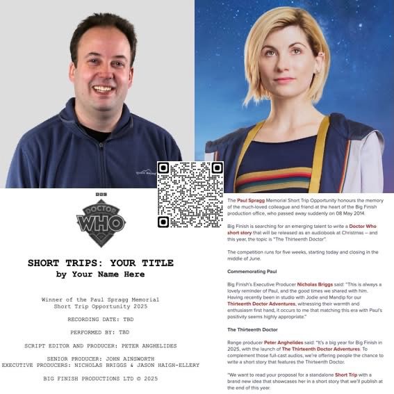 Images of Paul Spragg, Jodie Whittaker, a script front page, and the competition details — with a QR code linking to the competition.