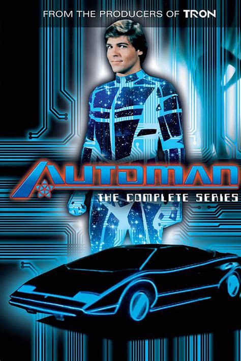 Cover image for the TV show Automan. The text on the image reads “From the producers of Tron. Automan. The complete series.” The image is of a man in a glowing superhero suit behind a computer-generated black sports car.