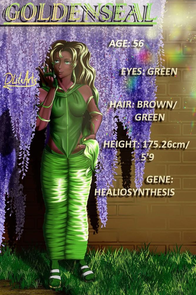 My Original Character Goldenseal (Gold for short). She stands tall at 175.26cm/ 5'9. She is pictured standing in bright purple wild wisteria flowers. 
Goldenseal wears a long skirt made up of her own hair which she can grow and shrink at will. Complimented by a silky green top, green socks and white/ yellow sandals and Bright yellow painted nails. Her eyes are also bright green, and her irises are teardrop shaped. 
Her stats read: 
Age: 56, Eyes: green, Hair: Brown/ Green, Height: 175.26 cm/ 5'9, Gene: Healiosynthesis
