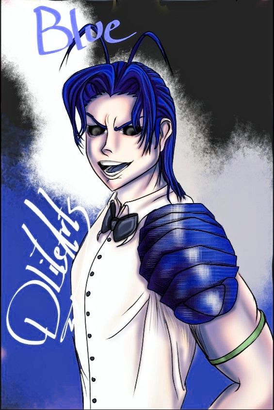 DLiteArts (my) Original Character BLUE. BLUE is a member of SQUAD Q. Blue has similar features to a blue lobster. Shelled armor on his shoulders mimicking their tails, a blue tongue and straight black eyes. His hair is styled to go along with the rest, with two strands sticking up like antennae. He wears a small green arm band, a white button up and navy blue bow tie.
The background is in a spray paint pattern with blues and whites on a black background