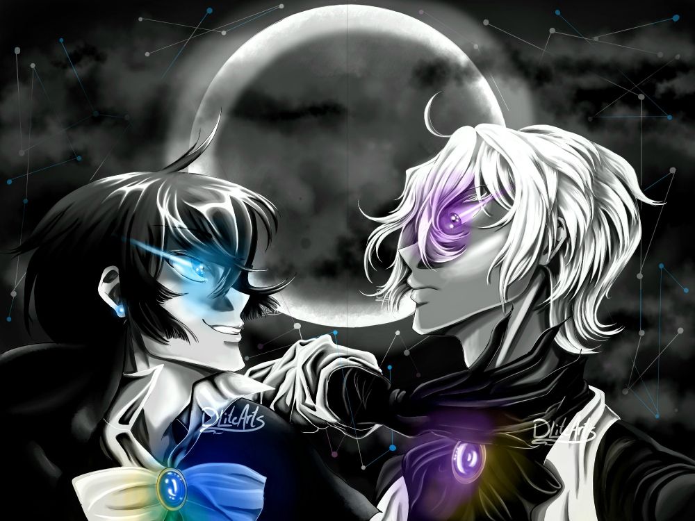 
a Case Study of Vanitas fanart featuring Vanitas and Noé Archiviste. It is my (DLiteArts) interpretation of the iconic ending frame at the end of each episode where Vanitas has his hand wrapped across Noé's throat. It's in my Glow Art style, mostly black and white with glow effects on their eyes and decorative bow gems. The background is of a full moonscape with the grimoire effects around the two.
