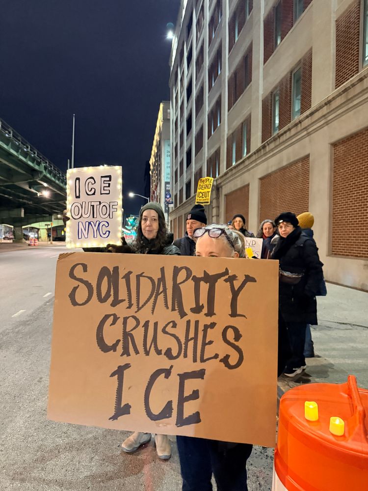 Protesters under the BQE one holding a sign that says SOLIDARITY CRUSHES ICE