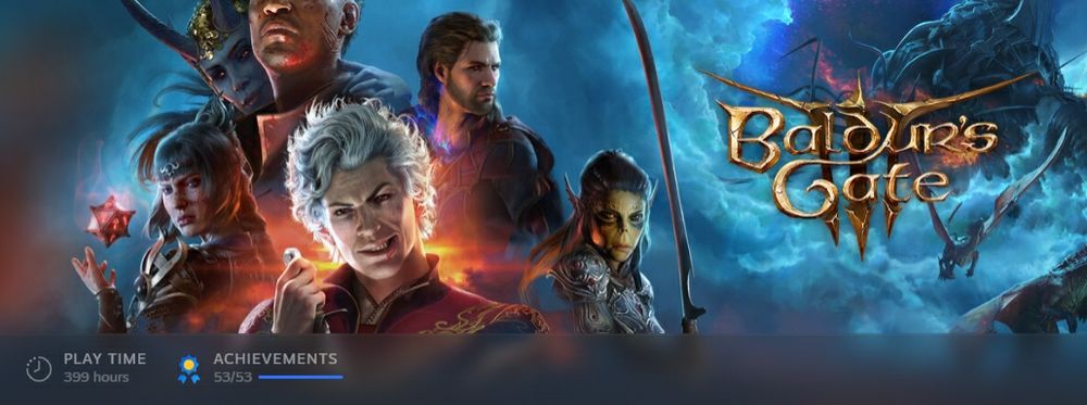 Screenshot of video game platform steam showing the Baldur's Gate 3 logo and characters as well as a playtime for 399 hours and 53/53 achievements