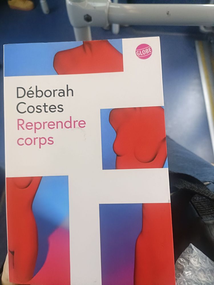 Dans un bus, couverture rouge et bleue du livre en question.