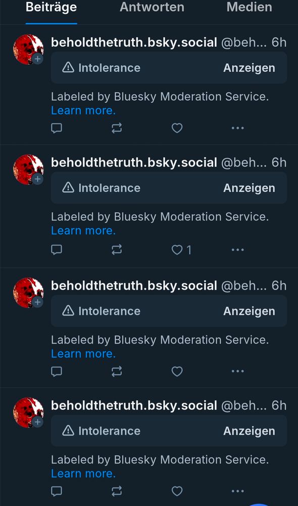 Screenshot vom Account, wo jeder Skeet wegen Intoleranz ausgeblendet wurde