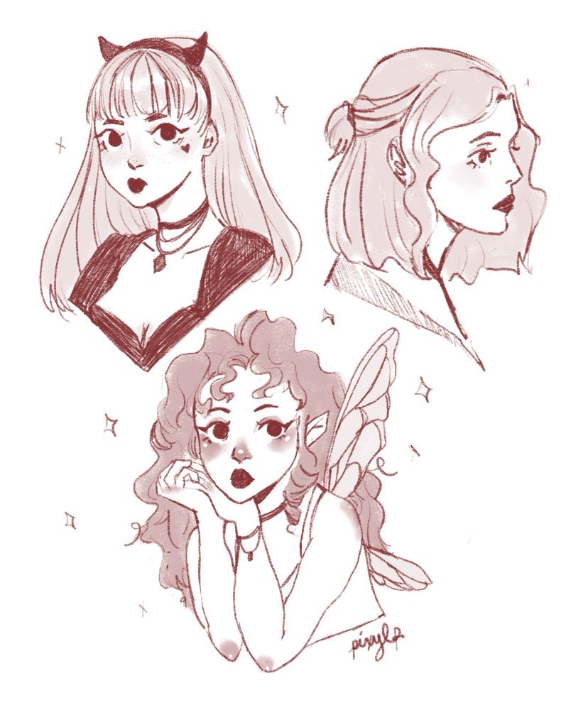 Drawing of a girl with devil horns and long hair with bangs, a girl with curly hair and fairy wings and a side profile of a girl with short hair. 