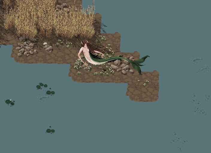 A large mermaid is sitting on a bed of flowers on a small bit of land surrounded by water. It has it's arms spread open and is facing a small hedgehog that is walking towards the mermaid. A careful observer might spot a small skull on a rock behind the mermaid.