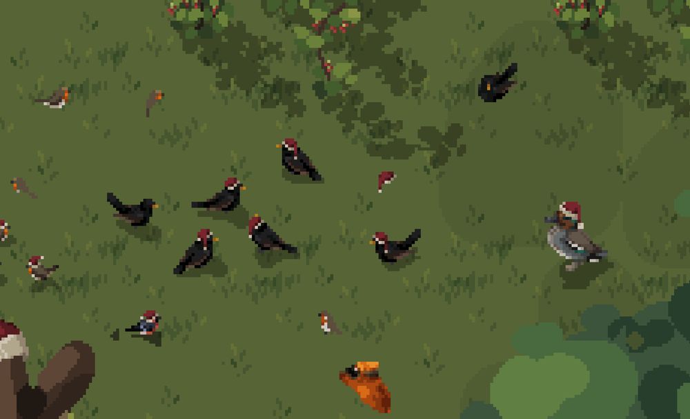 A pixel art screenshot of various blackbirds with mini-christmas hats on are sitting on grass. There is also a duck and a robin - both with mini hats on!