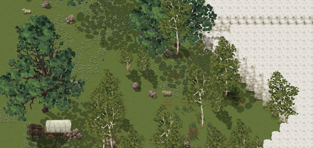 A light forest scene. It's a bit like meadows? Green river birch trees are scattered around the landscape. On the right a large oak stands alone surrounded by white flowers. A sheep can be seen in a clearing, enjoying the sun. Around it are scattered leaves on the floor and, a little further down, some red roses are growing around a tree. Barn Swallows can be seen near the top of the picture with some red butterflies flying a little more to the right.
