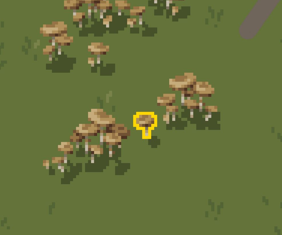 A single mushroom is outlined amidst various clusters of pixel-art styled mushrooms on a grassy background.