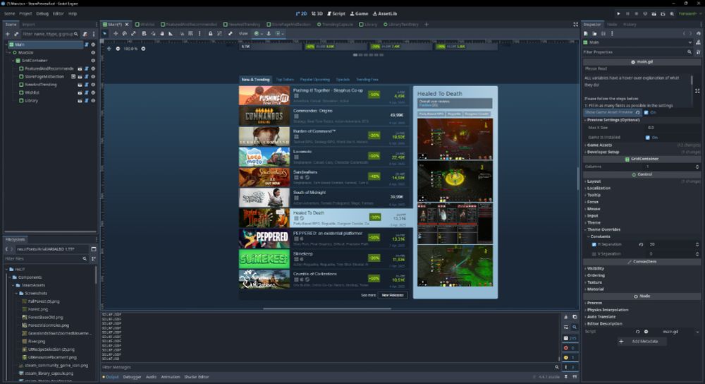A screenshot of the godot engine, showing a steam preview on the "new & trending" tab. Our game has replaced another game's location.