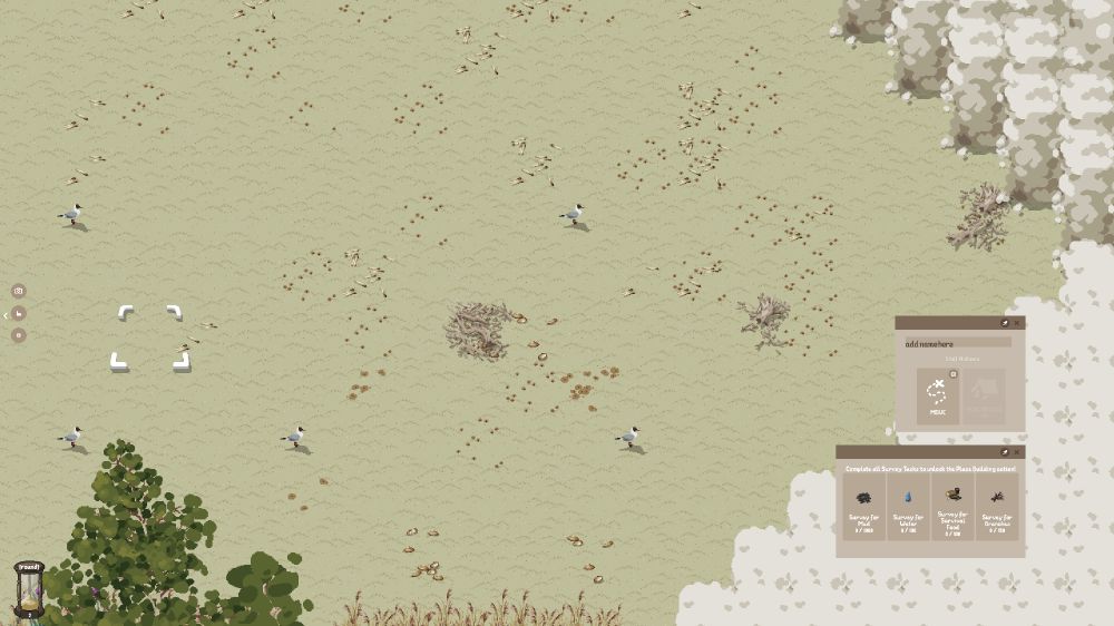 Seagulls stand amidst hoards of shells on a beach. The top of a tree sticks out on the left while the right side is covered dense clouds (fog of war). Some UI floats above the fog of war. One piece has a button with MOVE on it, while the other has 4 buttons with different resources on it that need to be surveyed for.