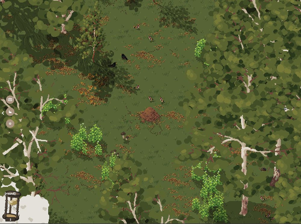 A pixel art scene where a brown anthill can be seen in a small clearing in a light river birch forest. Some garlic can be seen growing near the bottom. On the floor various birds are looking at the lines of ants coming from the anthill. River birch seeds can be seen all over the floor. They look a bit like tiny leaves.
