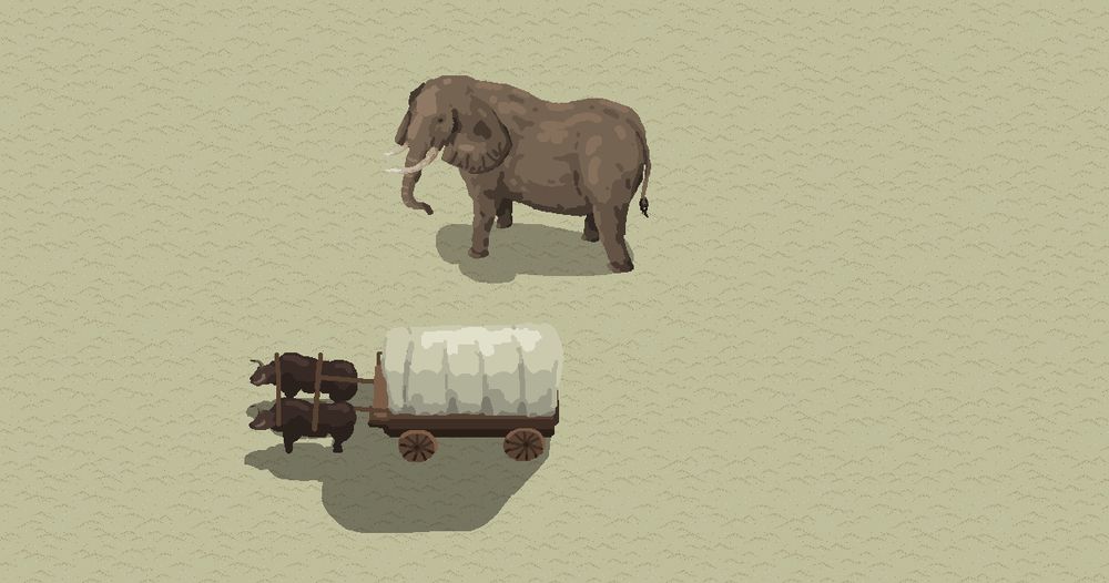 An elephant stares at the town hall cart as it is driving through a desert biome. Both are heading in the same direction.