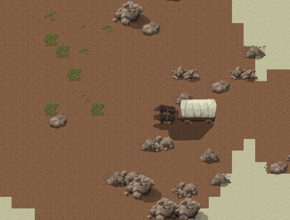 A town hall cart is in the desert. Brown broken up dirt is surrounding the cart with rocks sticking out. Some small green plants can be seen growing ahead of the cart but there is no way you can settle here.