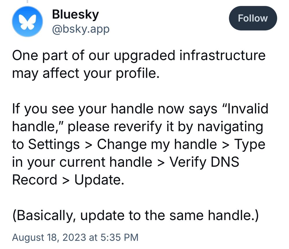 Screenshot of a post from the Bluesky account with how to fix an “invalid handle”. It says “please reverify it by navigating to Settings > change my handle > type in your current handle > verify DNS record > update”