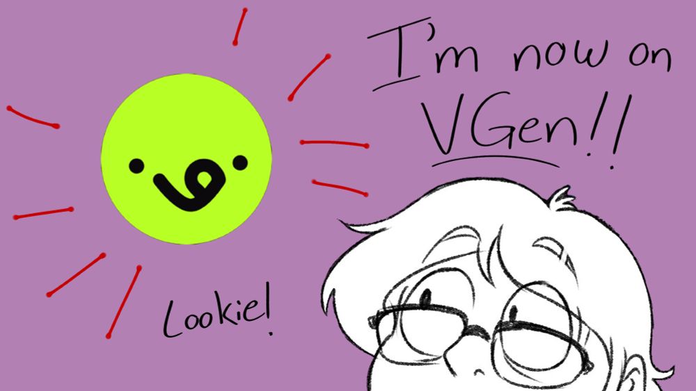 Cartoon Lizard Law peeking at the logo for VGen, while the caption reads "lookie! I'm now on VGen!"