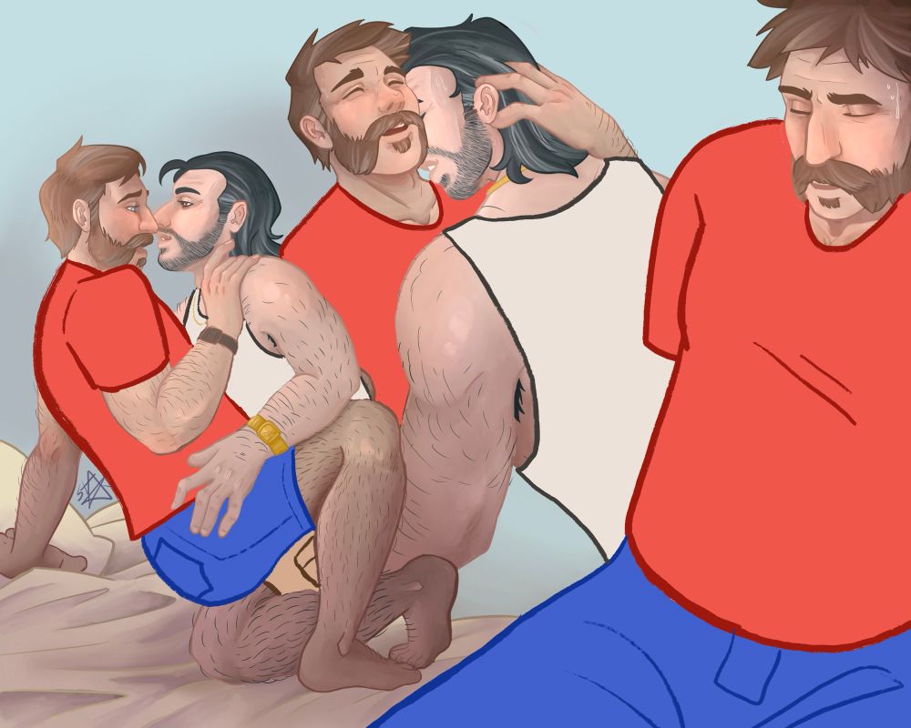 An illustration of NikPrice intimacy where the two of them are censored with poorly drawn clothes. From left to right: Price in Nik’s lap. Next, Nik kissing Price’s neck while Price has an expression of ecstasy on his face. On the right, Price is sitting, sweat as his temple