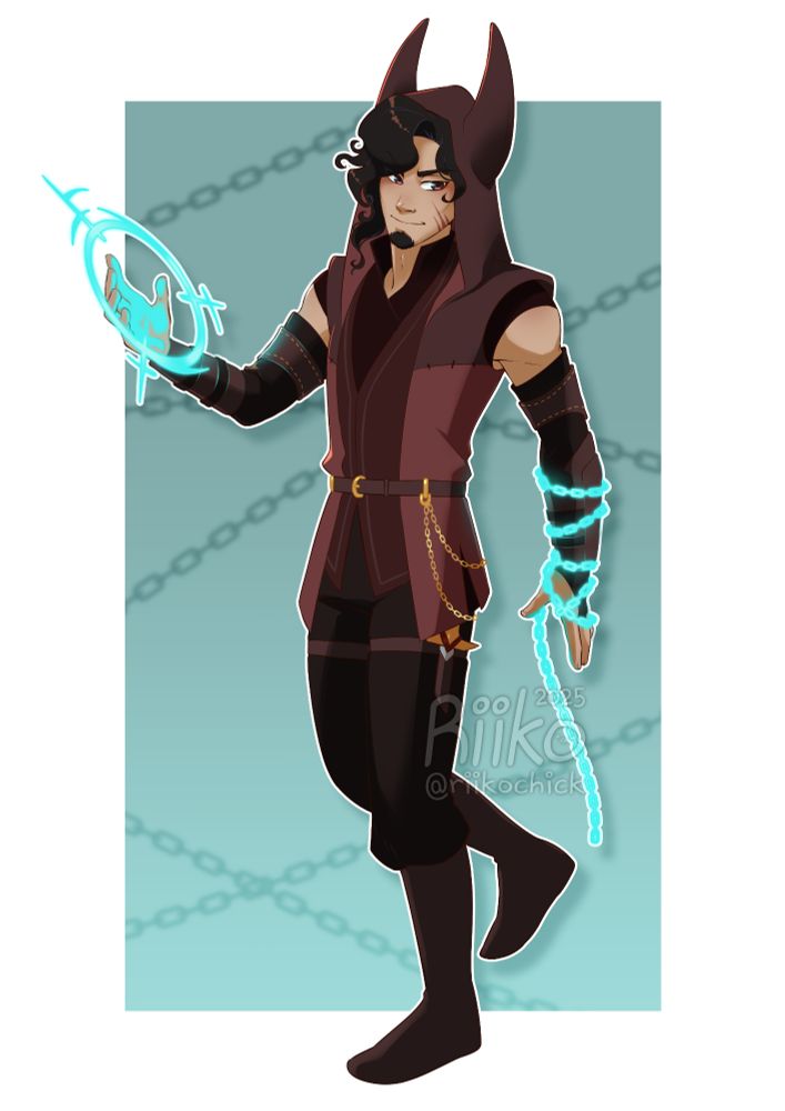 Full body artwork of Zach, an eliatrope man. He's standing with a confident smirk on his face, while forming a teal portal made of wakfu energy on his right hand. He has a teal chain made of wakfu energy coiling on his other arm.